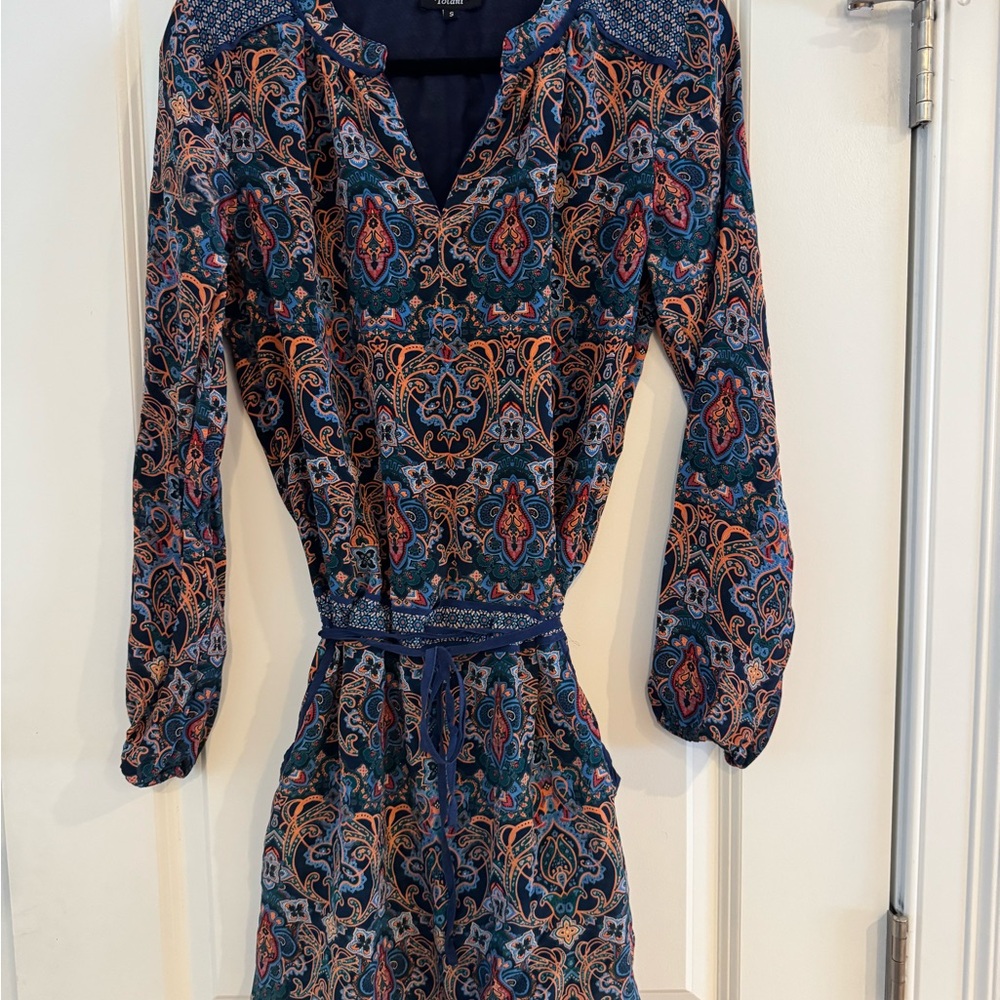 Tolani Vibrant Long Sleeve Dress with Blue and Orange Paisley